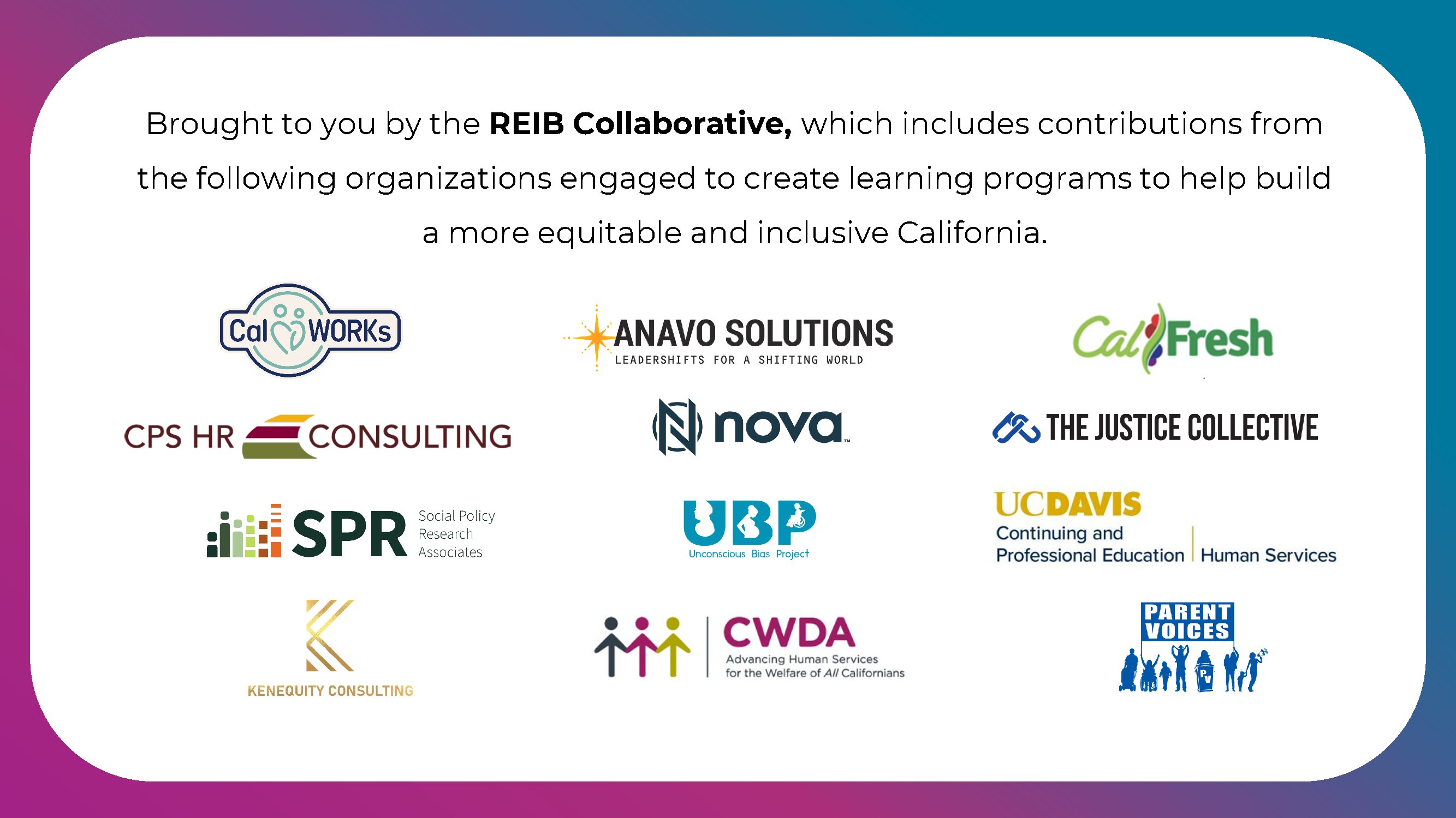 A graphic titled 'REIB Modalities' outlines training methods for CalWORKs and CalFresh County staff. The listed modalities include In-Person Training, Learning Collaboratives for Executive Leadership, Learning Collaboratives for Managers & Supervisors, a Virtual Learning Series (Instructor-led), and Information Webinars (Open to the public). Each modality is represented by an icon, and the background features a gradient of purple, blue, orange, and red. The REIB logo is in the top right corner.